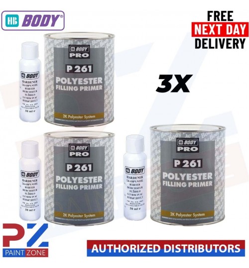 3x HB BODY PRO P261 POLYESTER SPRAY FILLER PRIMER WITH HARDENER